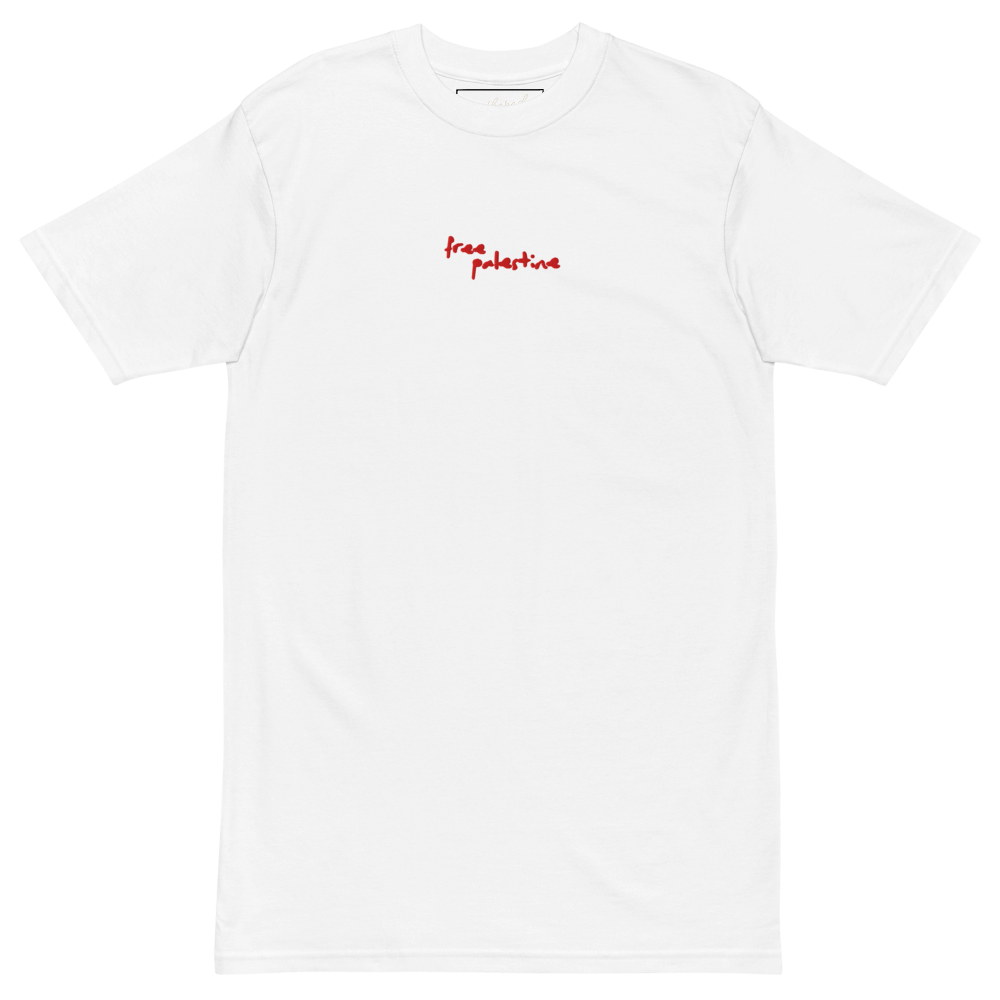 black free palestine tee unfolded showing bold front design