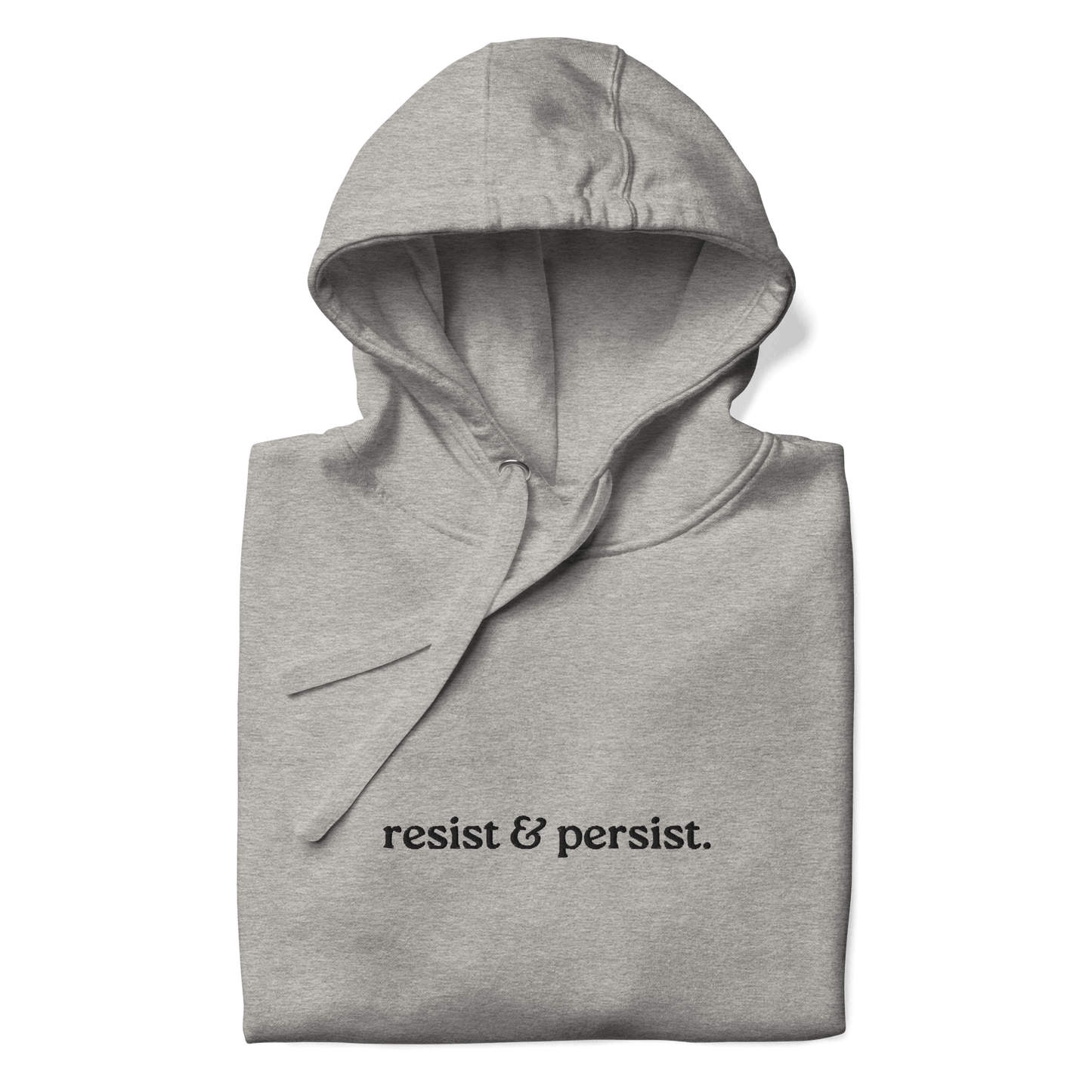 closeup of resist & persist embroidered text on grey hoodie