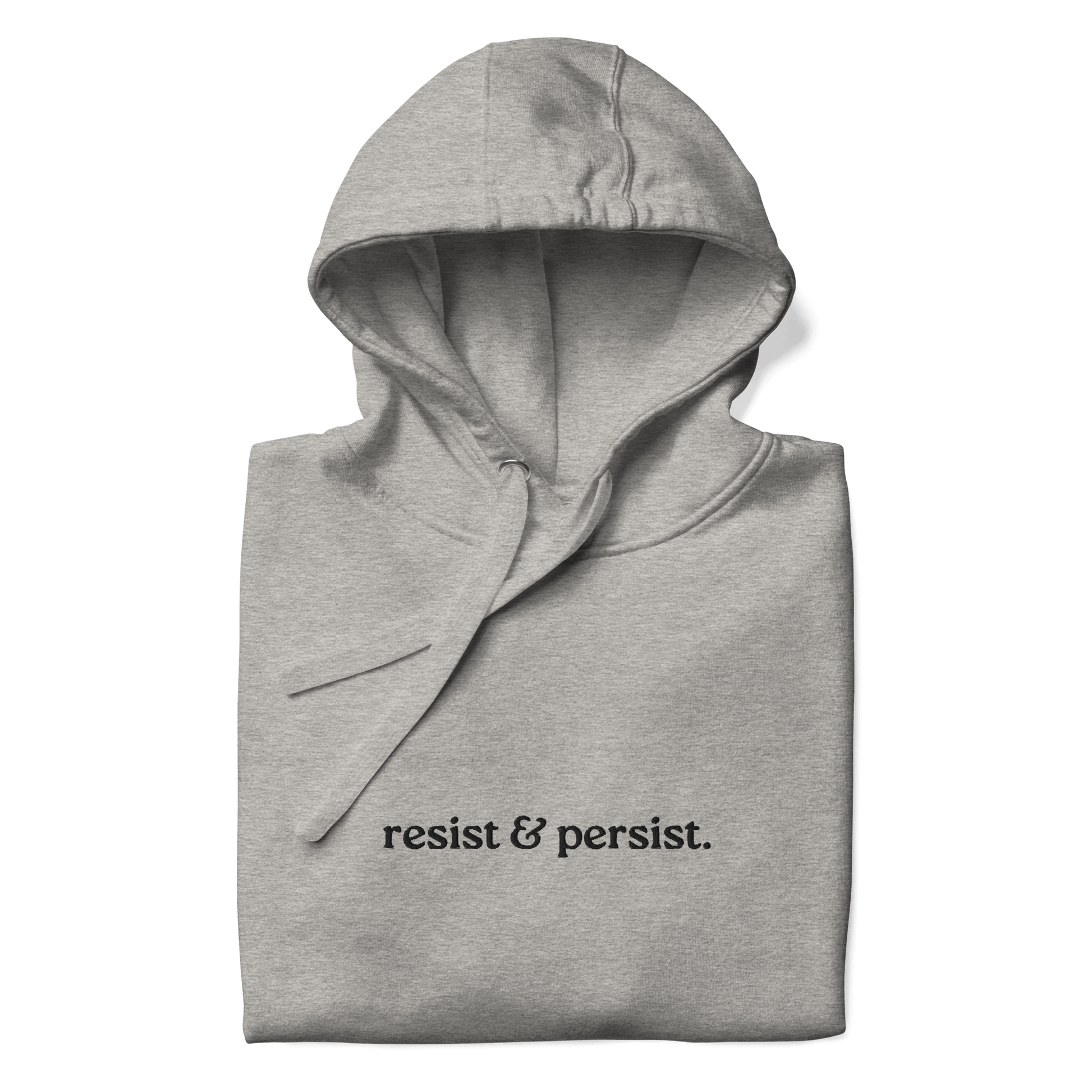 closeup of resist & persist embroidered text on grey hoodie