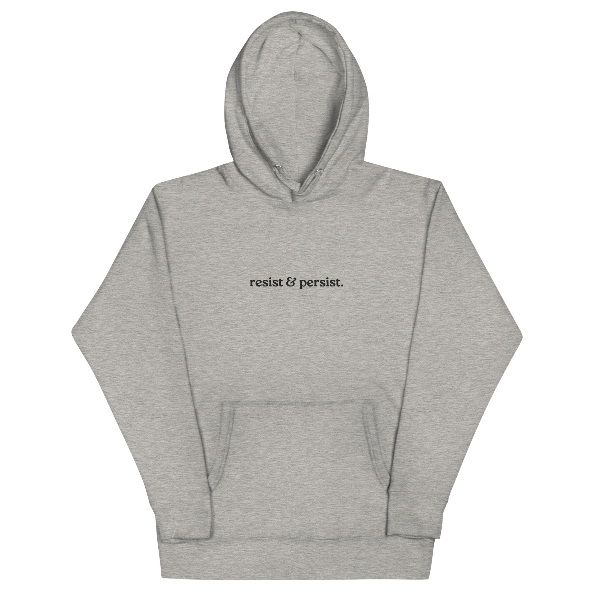 side view of sleeves and hood outline on grey resist & persist hoodie