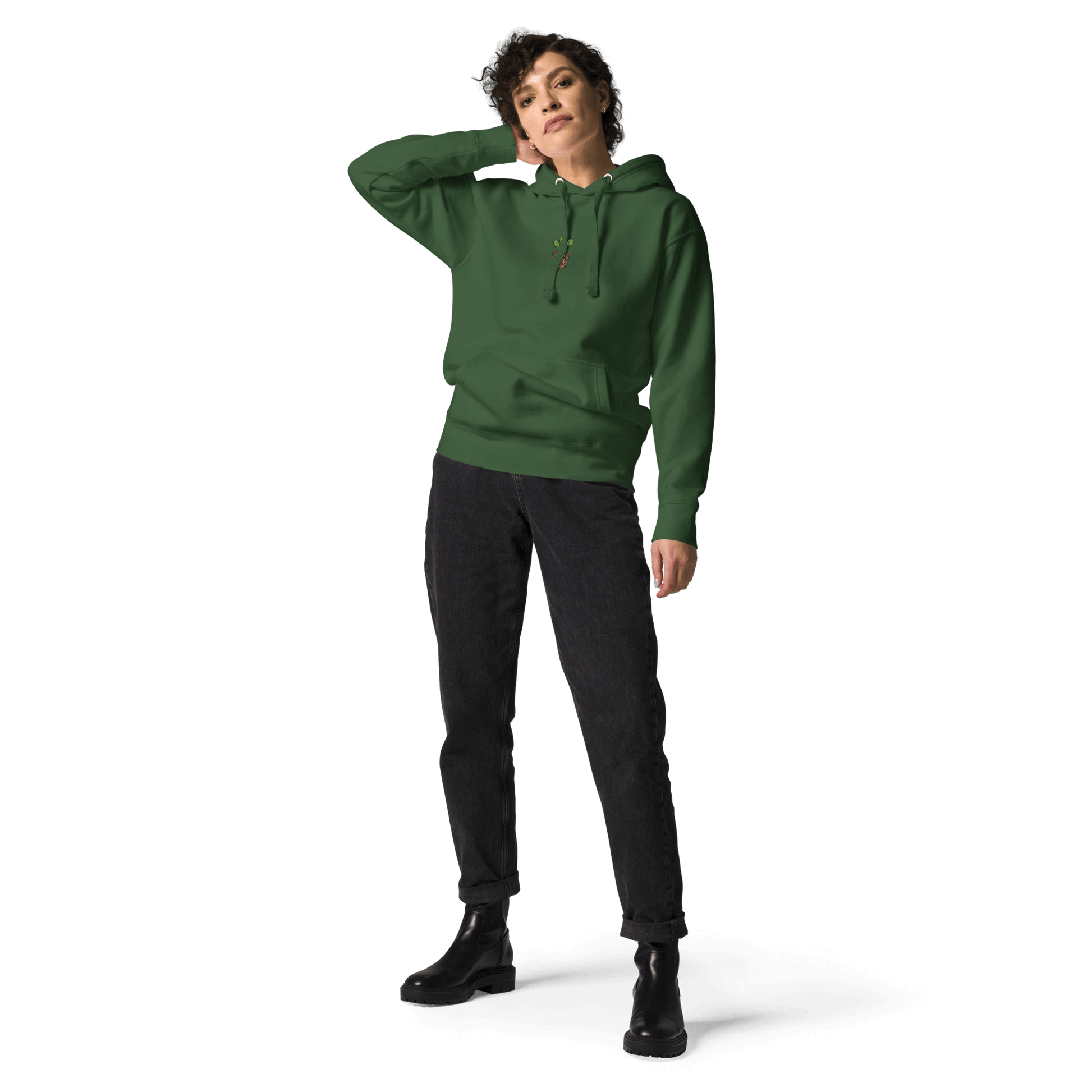 model wearing forest green cactus hoodie with cactus embroidery