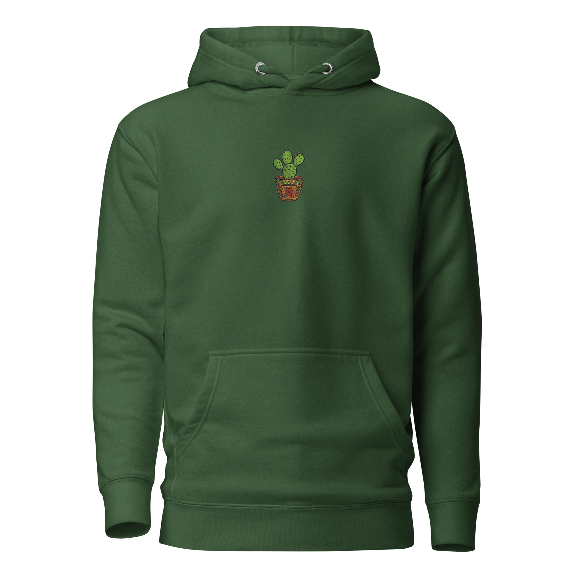 forest green cactus hoodie with embroidered cactus in tatriz pot design