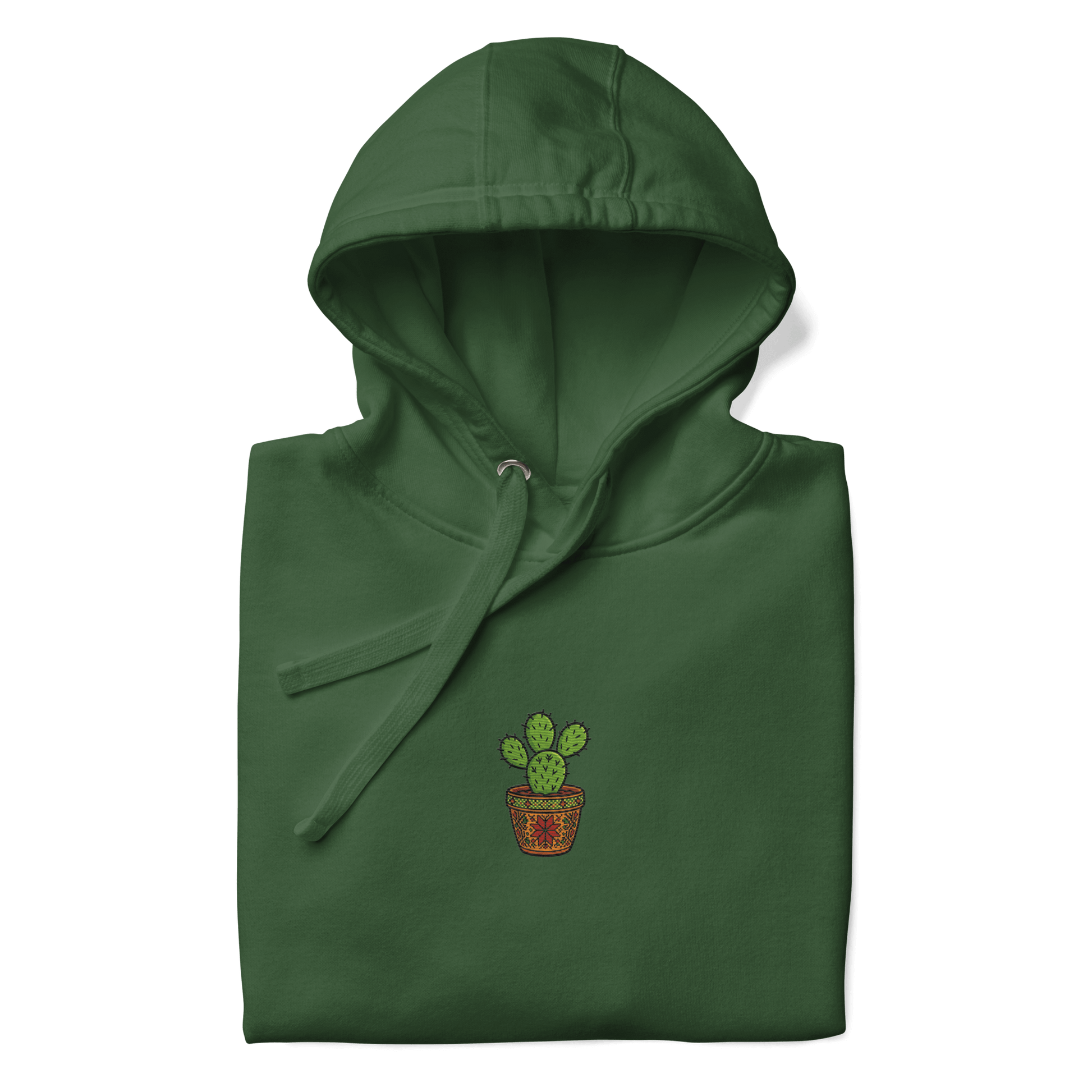 closeup of cactus embroidery on forest green hoodie
