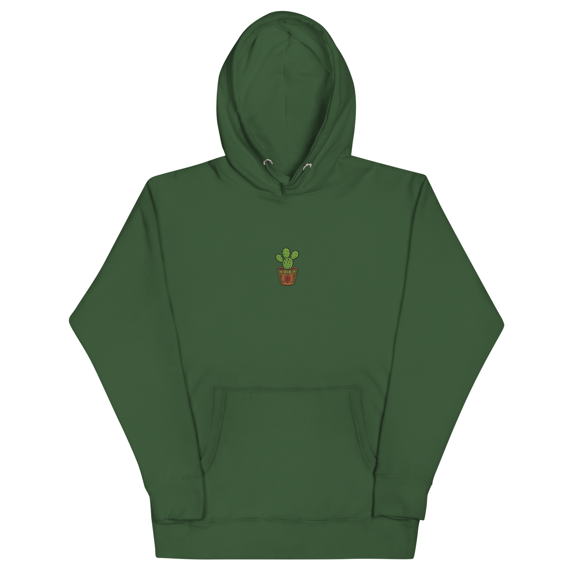 side view of sleeves and hood outline on cactus forest green hoodie