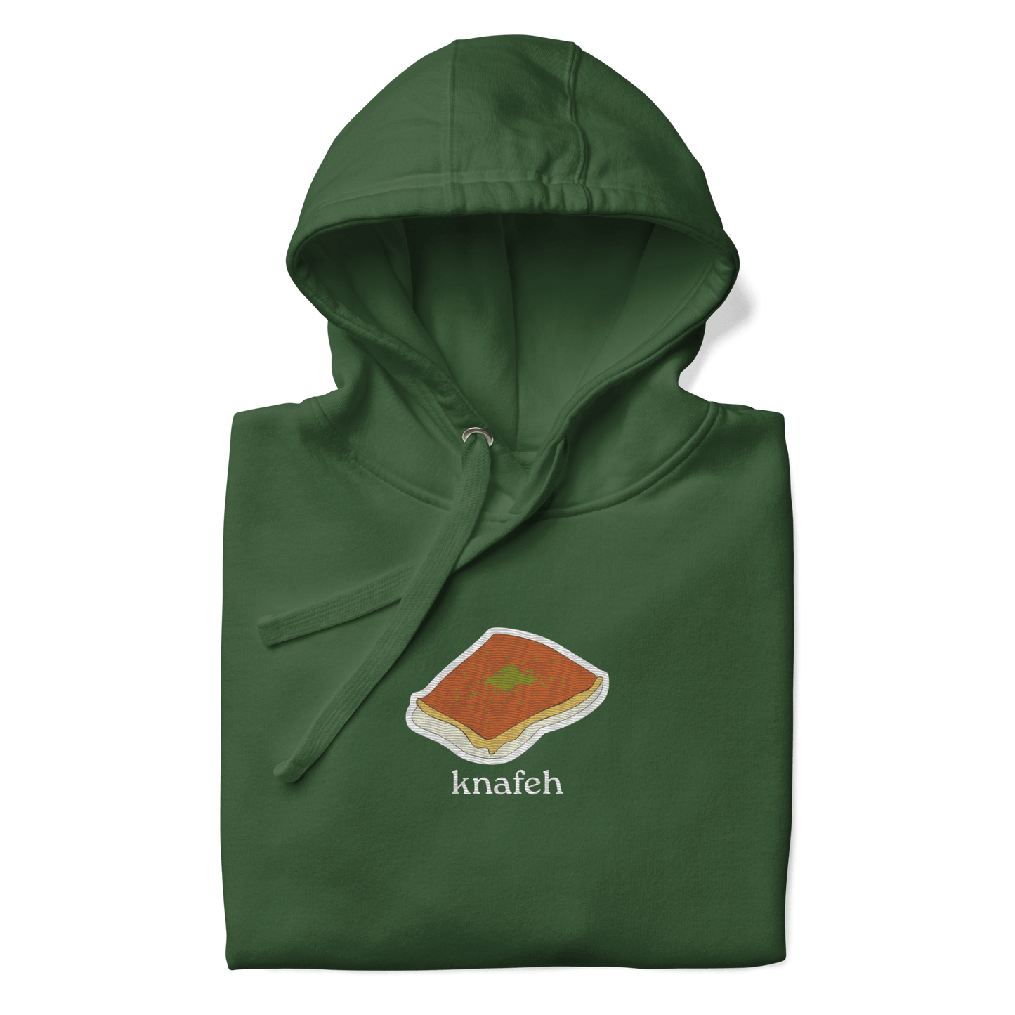 closeup of embroidered knafeh plate design on forest green hoodie