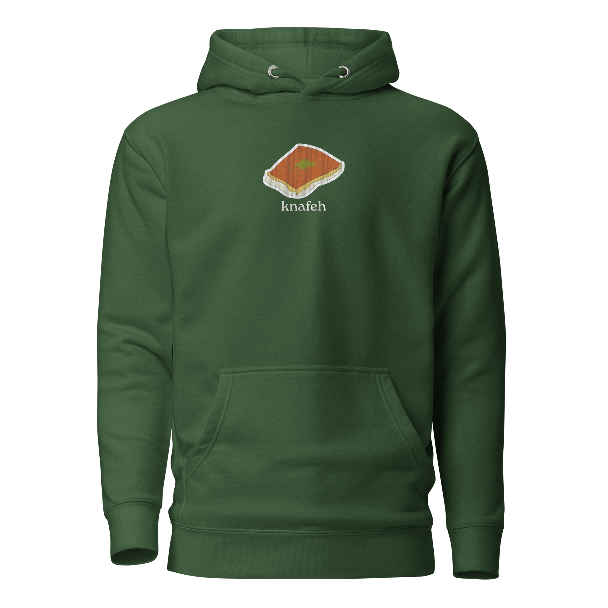 forest green knafeh hoodie showing embroidered knafeh plate design