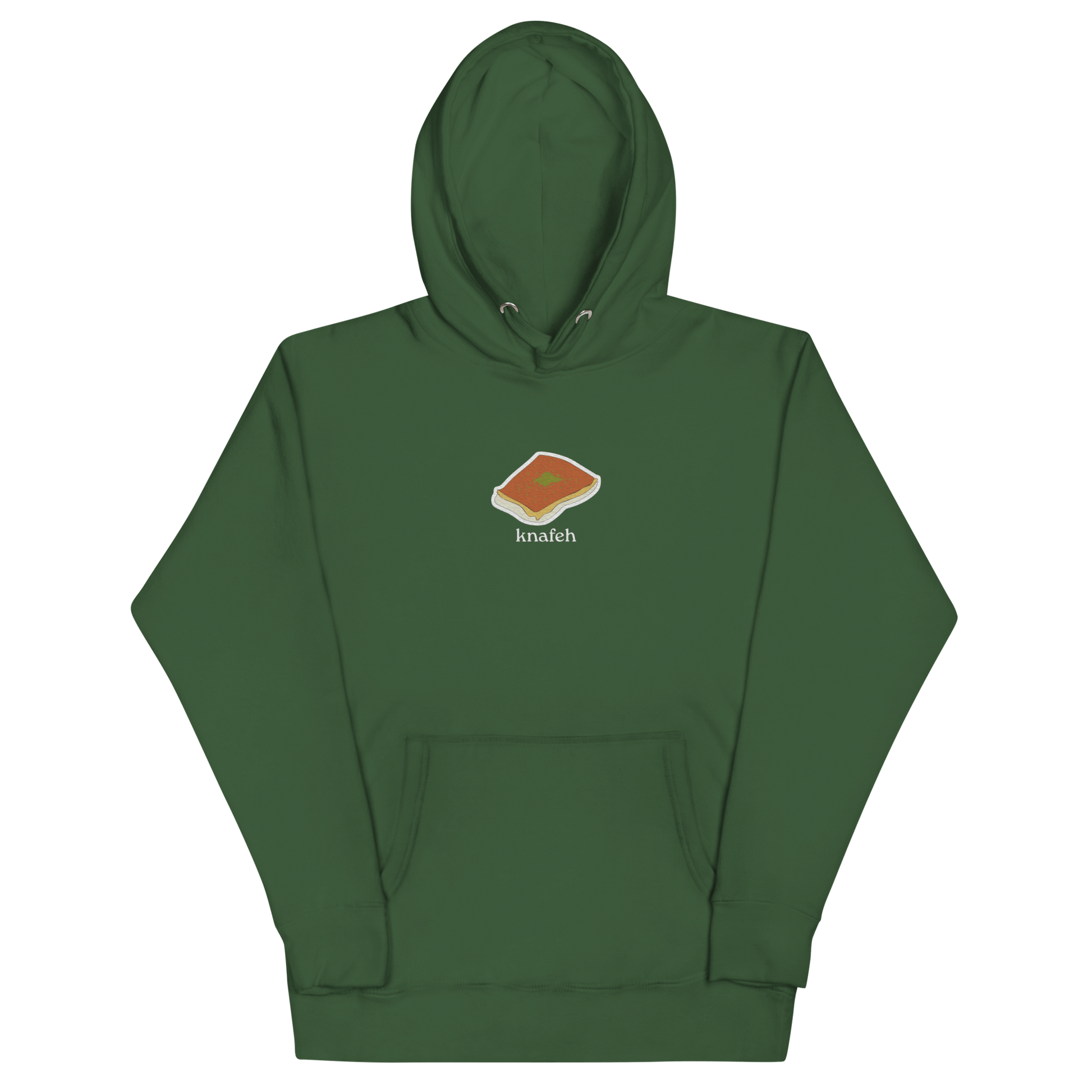 side view of sleeves and hood outline on forest green knafeh hoodie