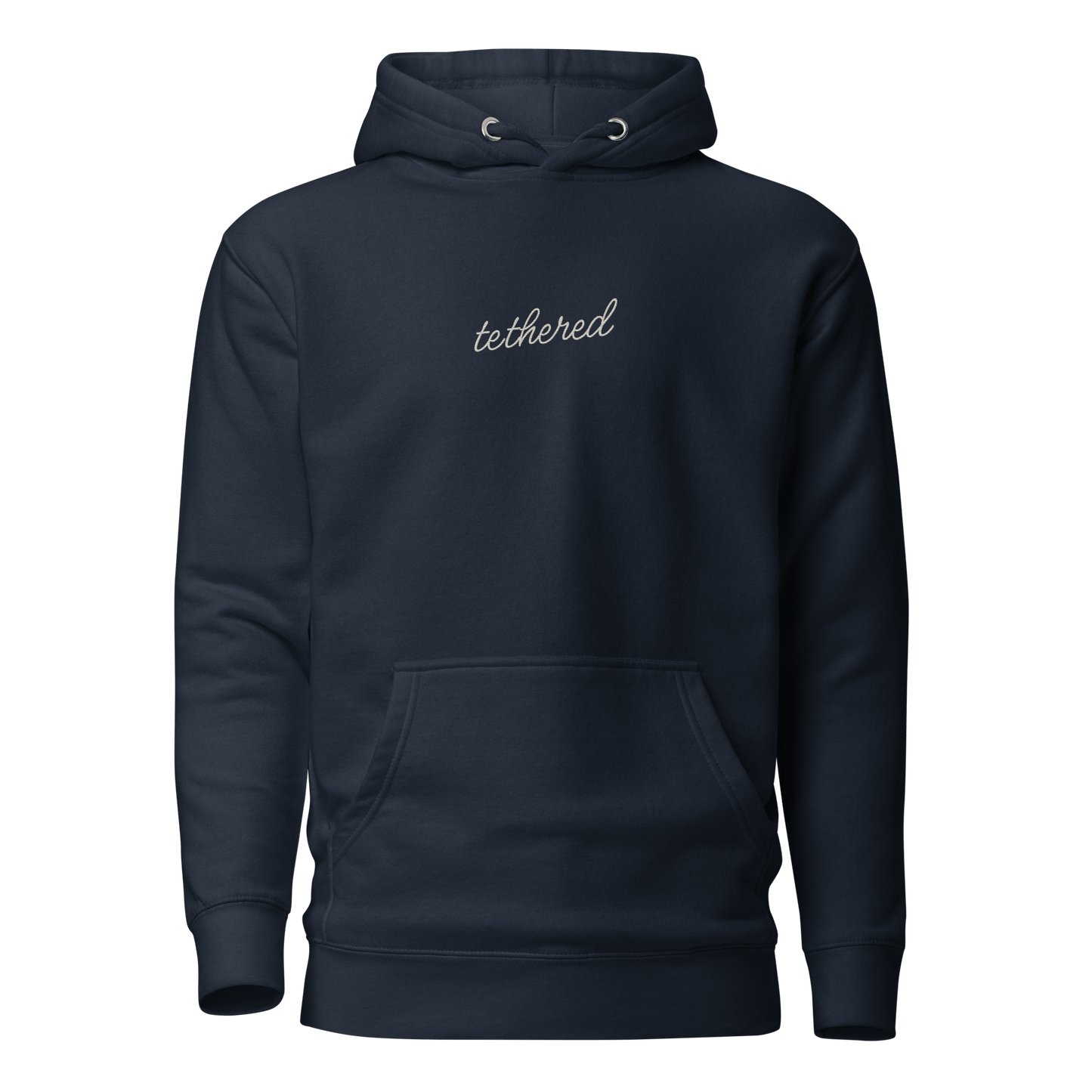 navy blue tethered hoodie showing embroidered tethered logo