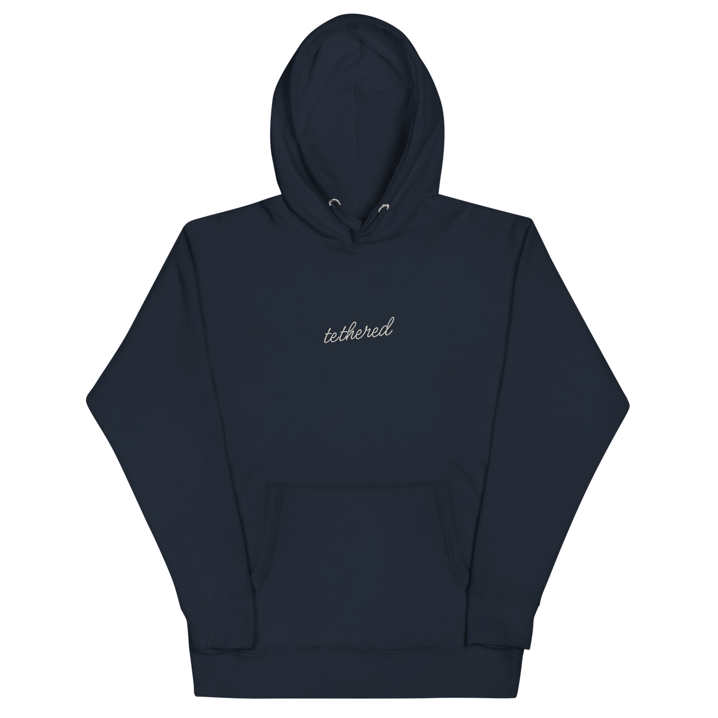 side view of sleeves and hood outline on navy blue tethered hoodie
