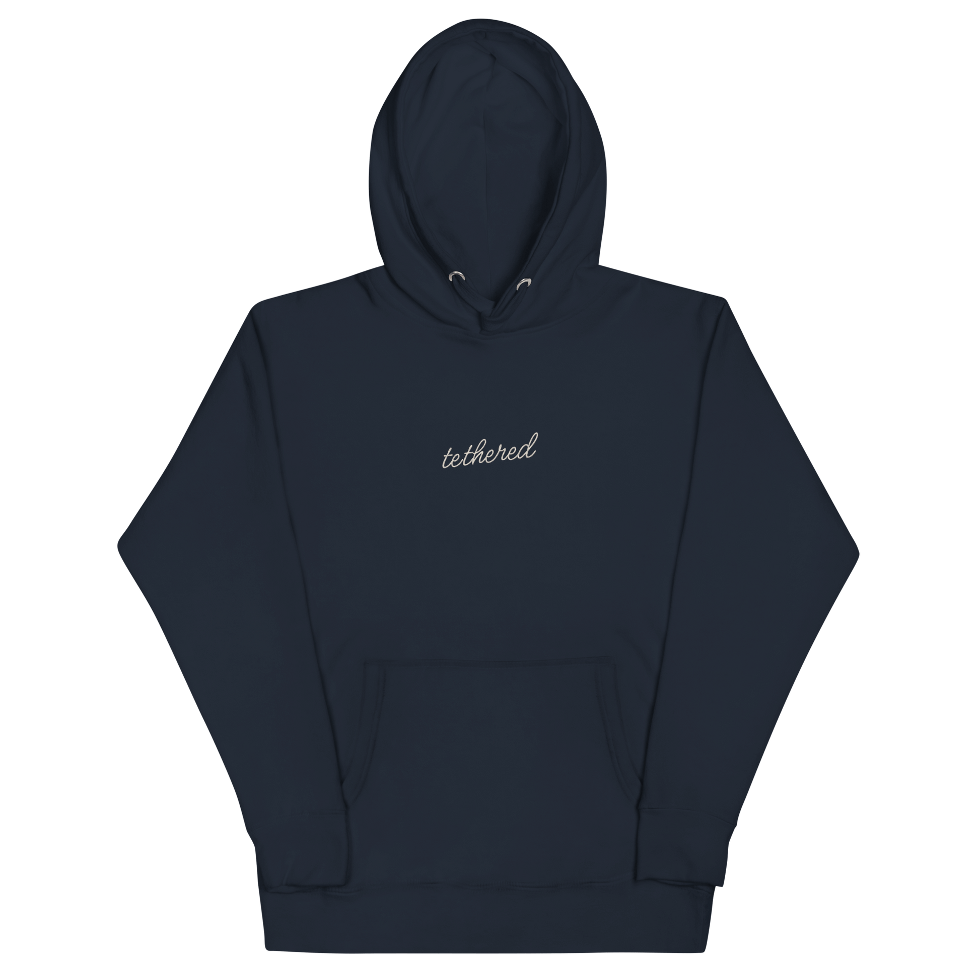 side view of sleeves and hood outline on navy blue tethered hoodie