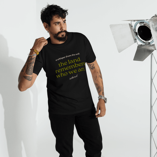 model wearing white whispers tee in casual setting