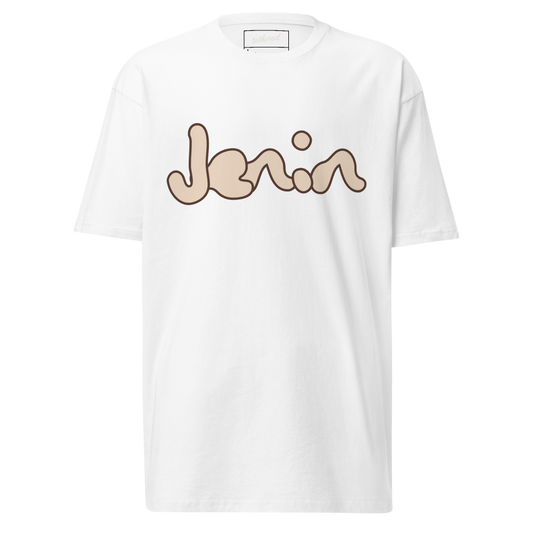 white jenin tee unfolded showing resilience-themed design