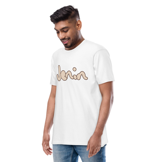 model wearing white jenin tee in natural light