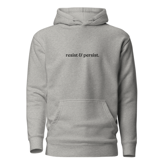 grey resist & persist hoodie with embroidered text design
