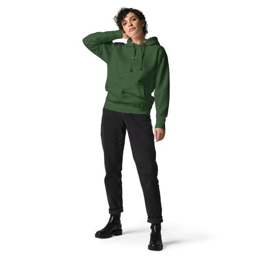 model wearing forest green cactus hoodie with cactus embroidery