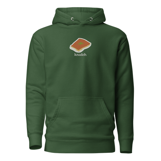 forest green knafeh hoodie showing embroidered knafeh plate design