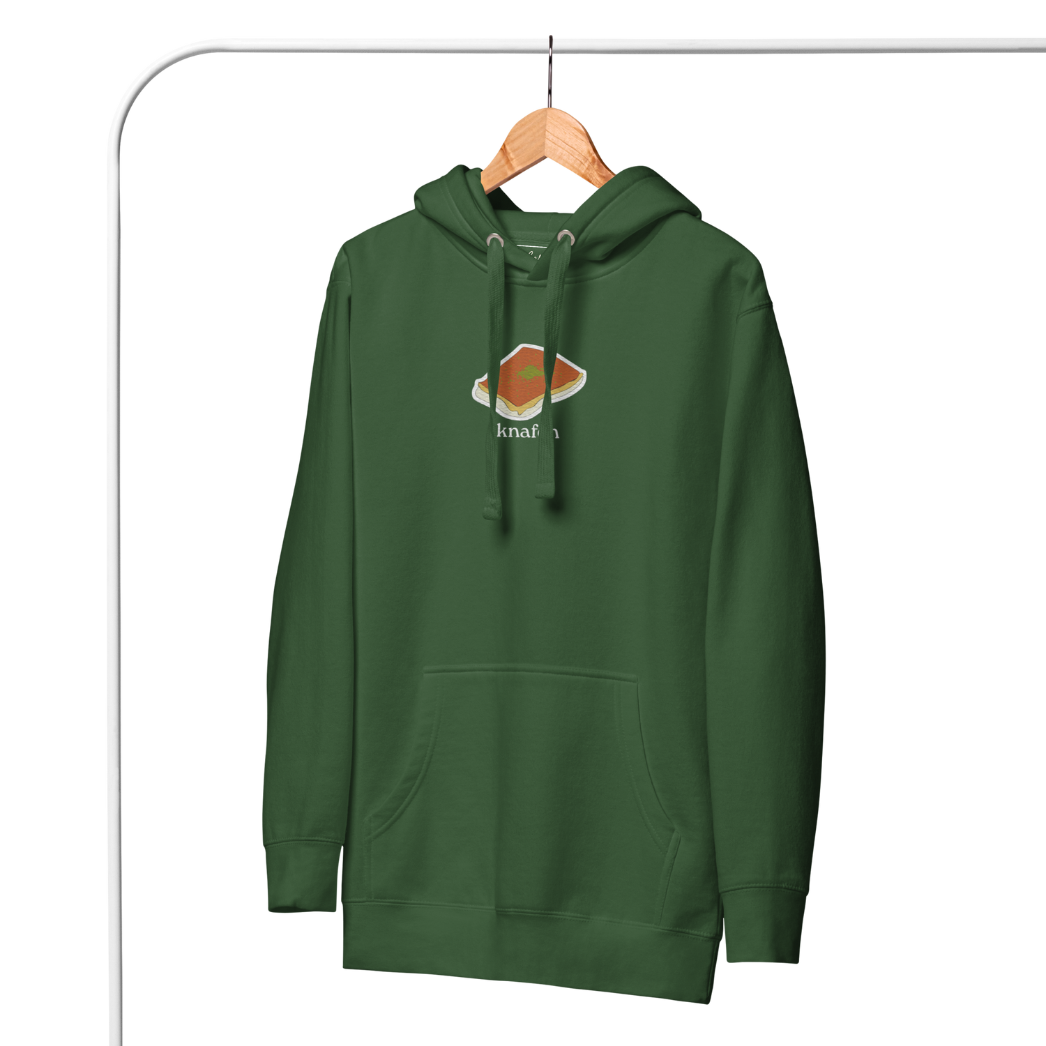 forest green unisex premium heavyweight hoodie front view with knafeh dessert design